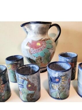Portugal Pottery Pitcher w/Matching  Cups Set of Six Hand Made and Signed